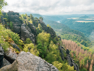 View of beautiful rocky park from the top of the Schrammsteine rocks