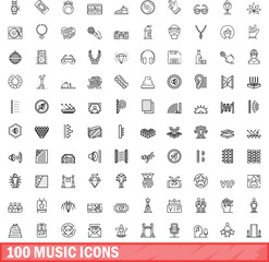 100 music icons set. Outline illustration of 100 music icons vector set isolated on white background