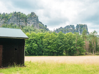 Panorama with Group of rocks Schrammsteine and Falkenstein