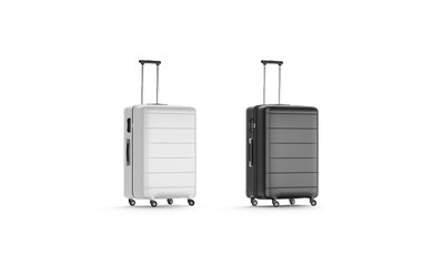 Blank black and white suitcase with handle mockup, half-turned view