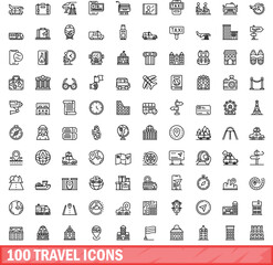 100 travel icons set. Outline illustration of 100 travel icons vector set isolated on white background