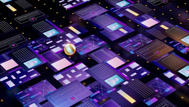 Yellow sphere jump over web pages and ui elements. Cyber security concept