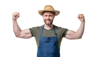 strong caucasian man in hat and apron isolated on white background