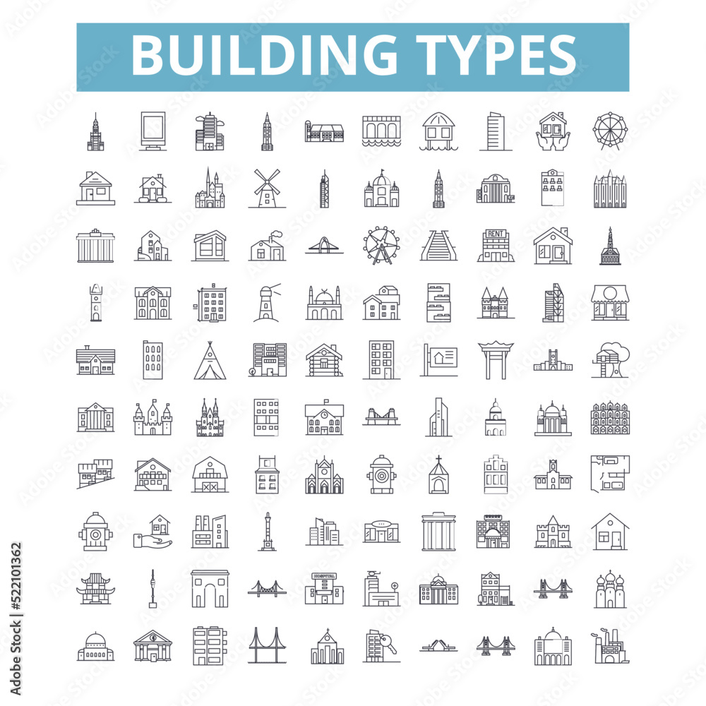 Wall mural Building types icons, line symbols, web signs, vector set, isolated illustration