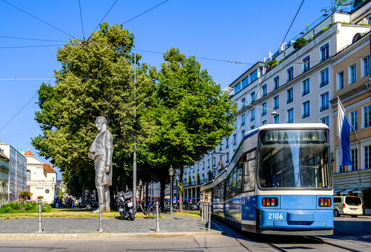 Munich, Germany - July 24: typical tram from the MVG at the old town of munich on July 24, 2022