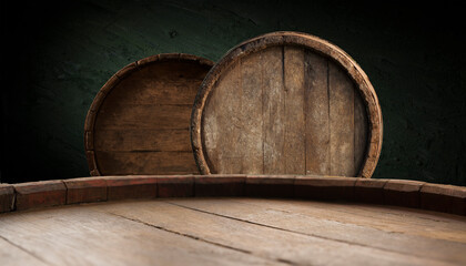 Beer. Still life with Vintage beer barrel and glass light beer. Fresh amber beer concept. Green hop and gold barley on wooden table. Ingredients for brewery. Brewing traditions