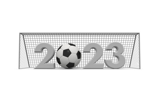 goal post and soccer ball. 2023 characters. Letters made in three dimensions. Gothic lettering.