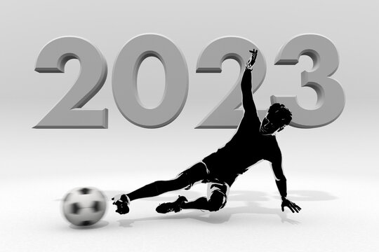 A soccer player who slides. 2023 characters. Letters made in three dimensions. Gothic lettering.