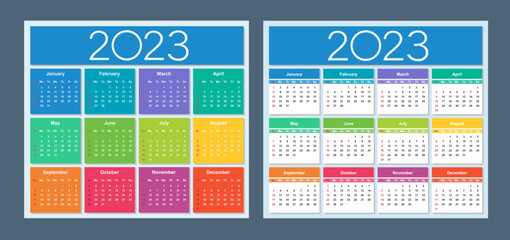 Calendar 2023. Colorful set. Week starts on Sunday. Vector template collection. Basic grid. Isolated illustration.