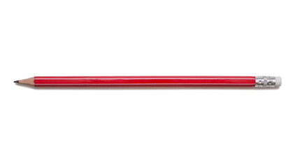 Classic red pencil with an eraser on a white background. The concept of creativity or stationery in the form of a pencil. Long red pencil on isolated white background