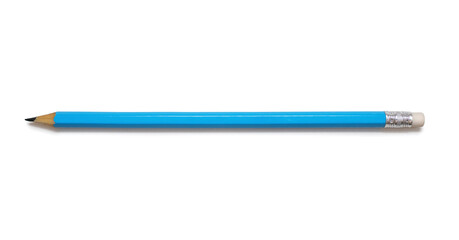 Classic blue pencil with an eraser on a white background. The concept of creativity or stationery in the form of a pencil. Long blue pencil on isolated white background