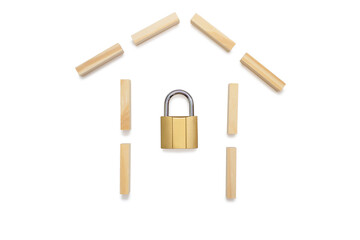 House shape from wooden rectangles on a white background with a closed padlock. The concept of protection and insurance of own real estate. Security and safety of your own home
