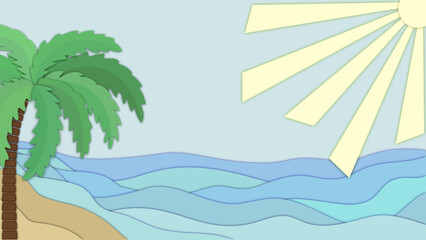 Fototapeta na wymiar Sea, sandy shore, palm tree, bright sun in the sky. Background for presentation and web design. Minimalism. Paper cut style. Vector.