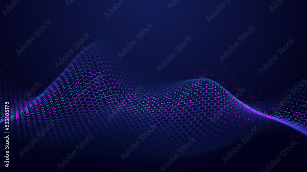 Poster futuristic purple wave of hexagonal grid on a blue background. the concept of big data. network conn