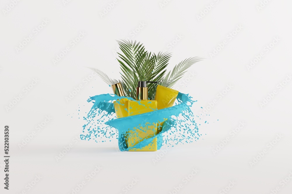 Sticker Various cosmetics and splash of water on a dark background. Concept of personal hygiene, use of cosmetics. 3D render, 3D illustration.