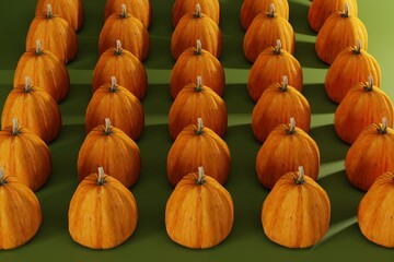 Top view of a pattern created with pumpkins on a green background. Concept for background and buying, eating pumpkin. 3D render, 3D illustration.