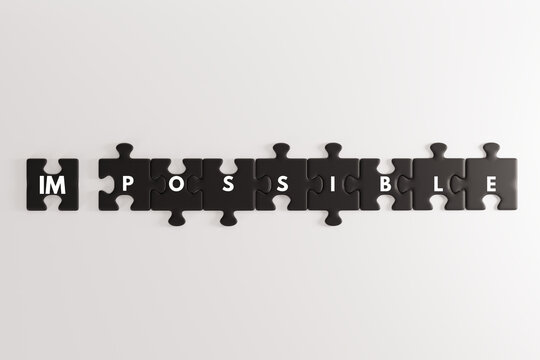 Puzzle forming the word IMPOSSIBLE with a sticking out puzzle with IM. Concept of dealing with problems, no impossible things. 3d render, 3d illustration.