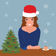 Woman's Christmas happiness. Christmas tree, gifts. Vector illustration.