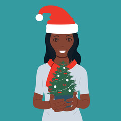 Woman's Christmas happiness. Christmas tree, gifts. Vector illustration.