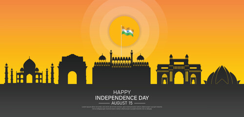 15 th August Indian Independence Day banner template design with Indian flag, Ashoka Chakra and silhouette of Indian monument.