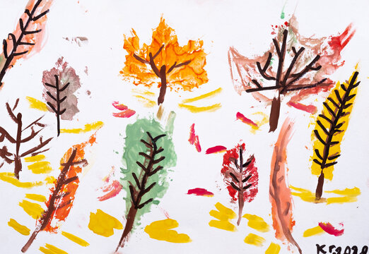 Autumn scenery. Kids art. Creative artwork. Colorful picture of different watercolor trees on white paper background.