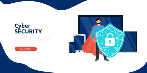 Cyber security or web security web banner or landing page. Cyber safety and privacy concept. The hero man holding online protection shield as symbol of defense and secure.