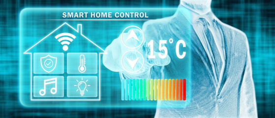 Frozen man adjusting heating temperature on a virtual screen of smart home controller, futuristic...