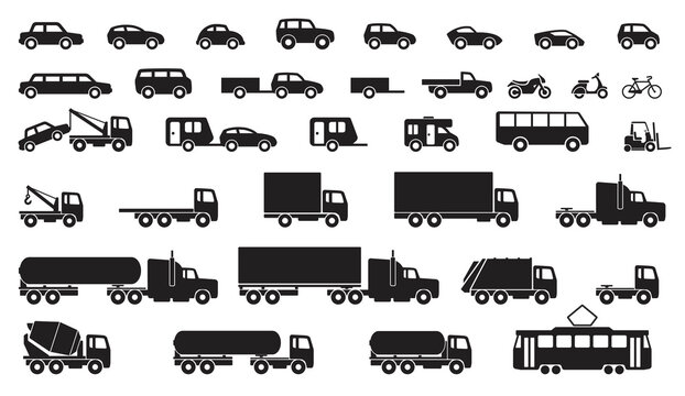 large set of simple vehicle silhouettes
