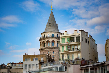 Fototapeta na wymiar Galata Tower view from the apartment balcony in Istanbul Beyoglu area, Turkey