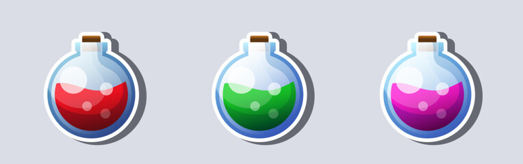 Potion bottle set. Elixir of health or mana. Icons for video games. Vector clipart. A bottle of colorful potion.