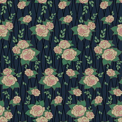 Yellow roses on a blue background with decorative mesh, seamless pattern. Vector