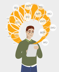 A person answering questions for personality test. Myers-Briggs type indicator. MBTI personality types. Flat vector isolated illustration of a character