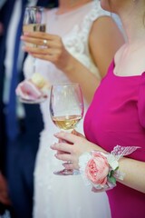 A glass of alcoholic beverage in the hands of an adult.
