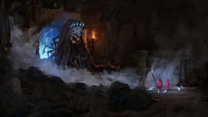 Digital painting of a horrible creature being summoned by a pair of mysterious magic witch cultists - fantasy illustration