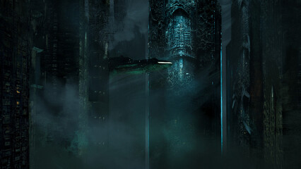 Digital painting of a gothic cyber punk future city dark blue and green with flying space ship - fantasy illustration