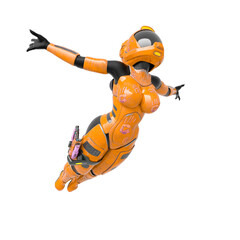 coolest astronaut girl is jumping in action with arms wide open in white background