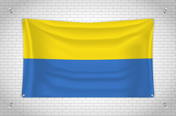 Ukraine flag hanging on brick wall. 3D drawing. Flag attached to the wall. Neatly drawing in groups on separate layers for easy editing.