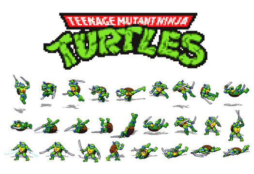 Set 2 of character Leonardo moves from Teenage Mutant Ninja Turtles Shredder's Revenge modern video game in 16-bit classic pixel design, vector illustration