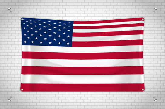 United States flag hanging on brick wall. 3D drawing. Flag attached to the wall. Neatly drawing in groups on separate layers for easy editing.