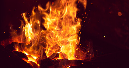 Burning fire in blacksmith's workshop forge