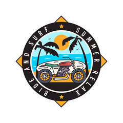 design of sticker with surfboard and motorcycle