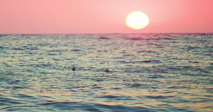 the sun setting over the horizon on the background of the sea, the reddish hue of sunset