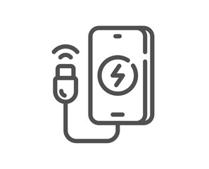 Phone charging line icon. Mobile accessories sign. Charge device symbol. Quality design element. Linear style phone charging icon. Editable stroke. Vector