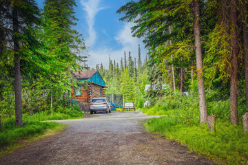 Fairbanks Alaska suburbs - Log cabin in the woods in city limits typical of where many residents in that area live - obrazy, fototapety, plakaty