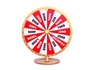 3D spinning fortune wheel gold color on white isolated background. Realistic 3d lucky roulette. Gambling concept design. Online casino. 3d rendering illustration. - obrazy, fototapety, plakaty