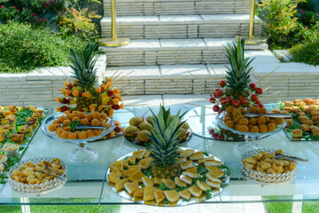 outdoors party finger food table, open-air buffet table, wedding aperitif catering. - obrazy, fototapety, plakaty