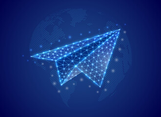 Paper airplane 3d low poly symbol with blue world map background. Travel concept design illustration. Aviation polygonal symbol with connected dots