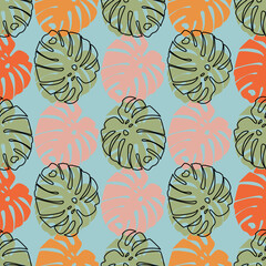 Monstera leaves. Multicolored seamless pattern. Botanical texture. Tropical background