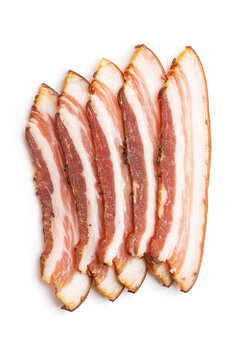 Sliced smoked bacon isolated on white background.