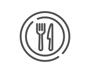 Food line icon. Dish plate with fork and knife sign. Eat at restaurant symbol. Quality design element. Linear style food icon. Editable stroke. Vector